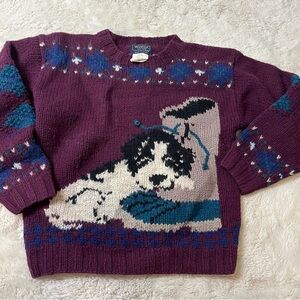 Vintage Womens Size small Handknit Dog Sweater Wool maroon  Double Sided Argyle